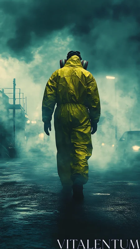 Lone hazmat wanderer striding through dusky neon fog.