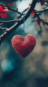 Red glitter heart ornament suspended from tree branch