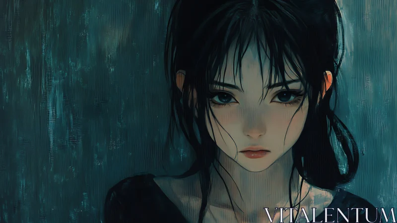 Quietly intense girl in teal light with thoughtful gaze.