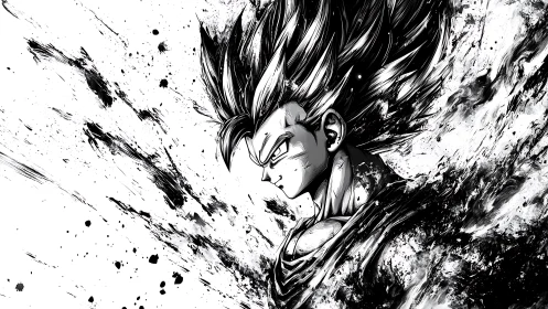 Monochrome profile of spiky haired anime warrior figure.