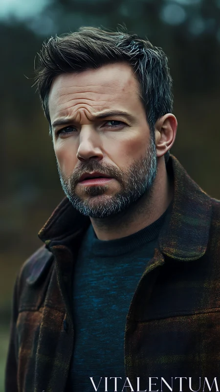 Weathered gaze in autumn wool, a quiet storm of thought.