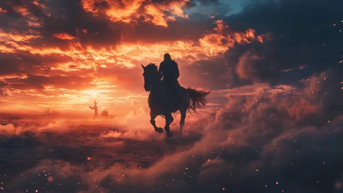 Fiery sunset sky welcomes a lone rider charging through mist