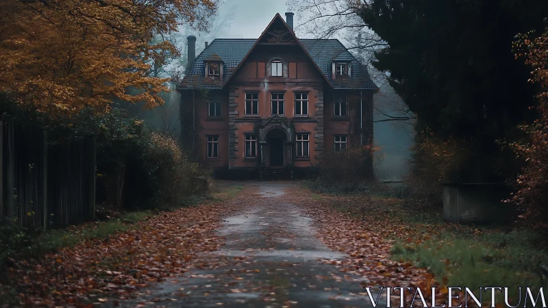 Old brick mansion on tree-lined path in late autumn fog.