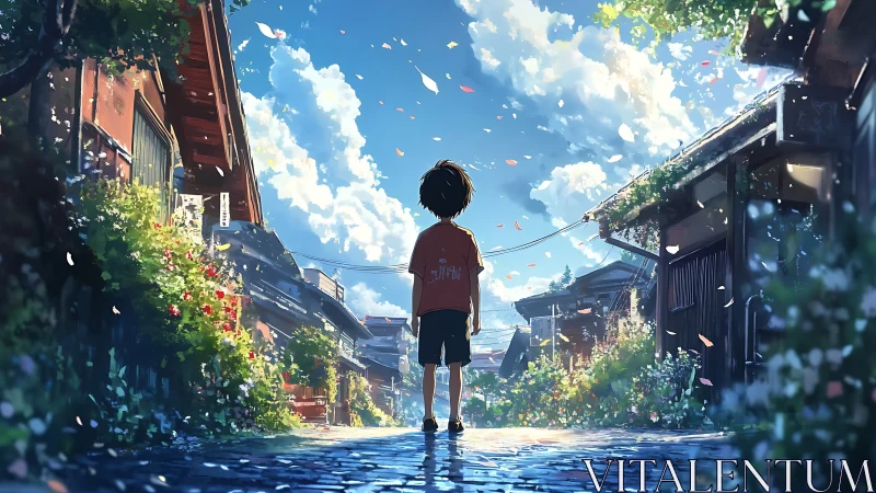 Child on wet village street under bright blue sky.