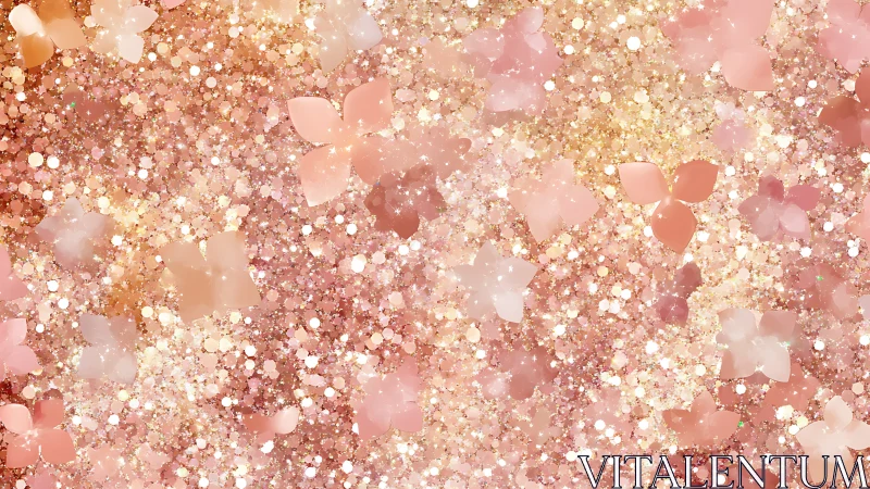Rose gold petal bokeh field with shimmering glitter haze.