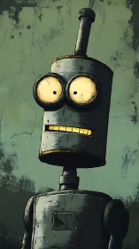Curious cartoon robot poses with wide eyes and crooked smile