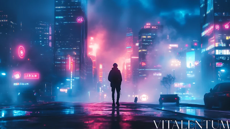 Solitary figure in neon lit foggy cyberpunk city street.