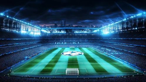 Nocturnal football arena in luminous 3D panoramic composition.
