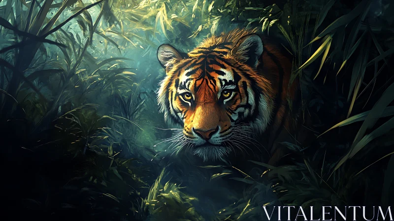 Predatory tiger advances through dense foliage with dramatic rim lighting