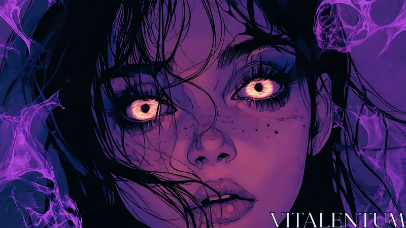 Enchanted girl&rsquo;s glowing eyes ignite a haunting neon night