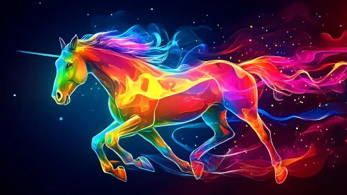 Multicolored luminous unicorn silhouette on dark gradient field.