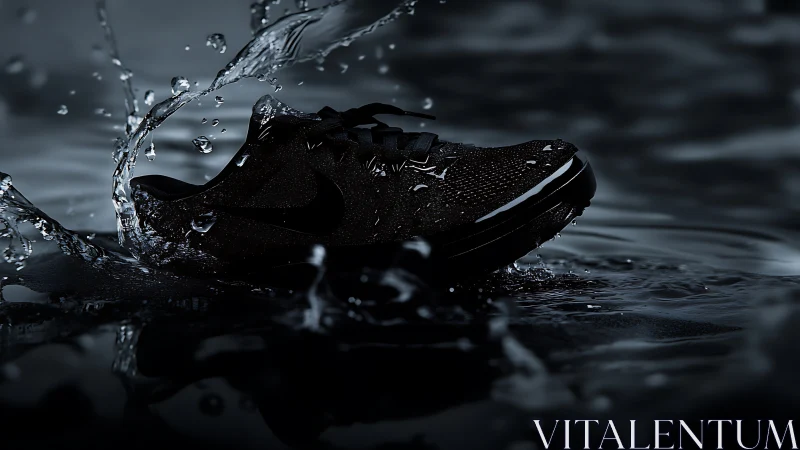 Sleek black running shoe powers through dramatic water splashes