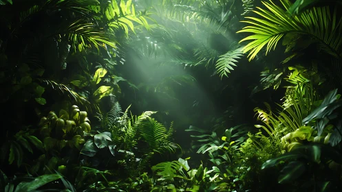 Sunlight Pierces Through Verdant Jungle Canopy Depths