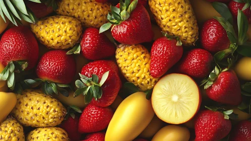 Strawberries and yellow tropical fruit in closeup layout.