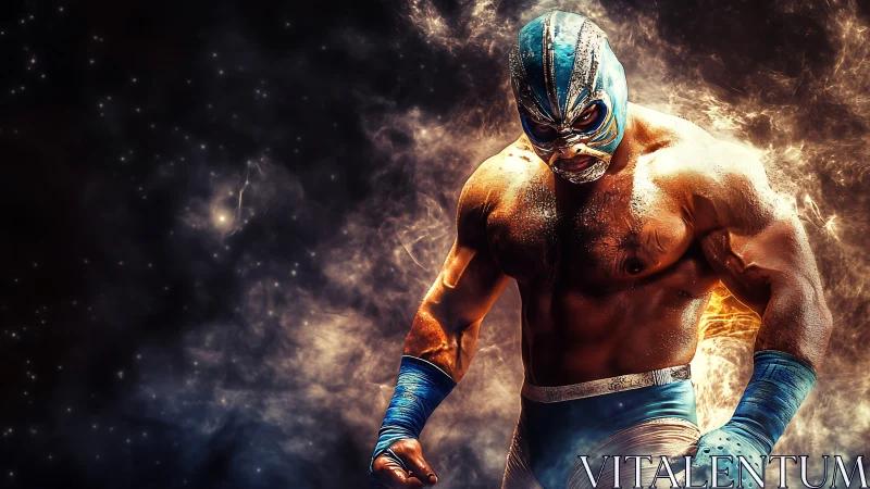 Masked wrestler in blue gear amid swirling light field.