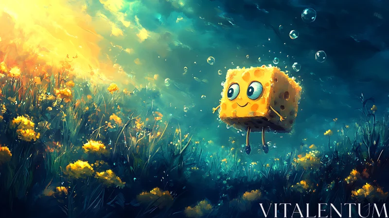 Sunny sponge character wanders through glowing flower meadow
