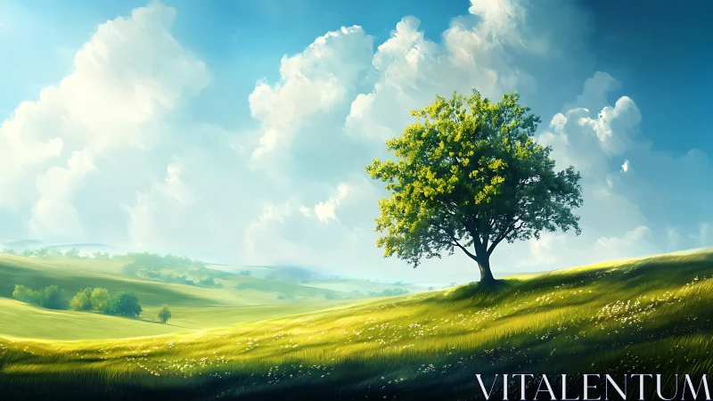 Solitary green tree glows on a sunlit rolling meadow