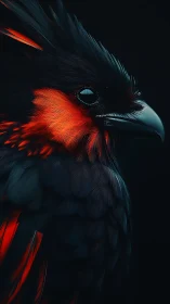 Crimson-lit black bird portrait reveals sleek digital plumage