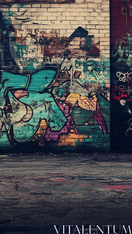 Weathered brick wall showcases layered turquoise street graffiti