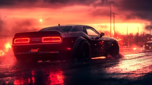 Rear quarter muscle car drifting on wet neon sunset highway