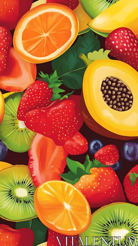 Digital illustration depicts assorted sliced and whole fruits