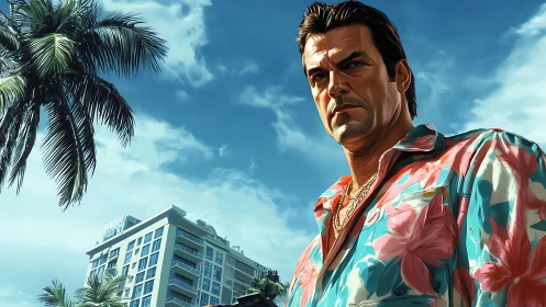 Tropical high-rise backdrop with hyperreal vacation-shirt figure.