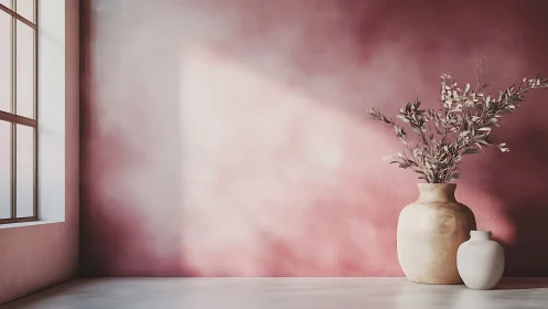 Sunlit ceramic vases against textured rose wall with soft shadows