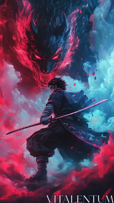 Sword-wielding warrior facing spectral wolf in neon storm.