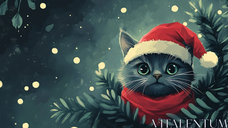 Festive digital portrait of wide-eyed cat in Santa hat