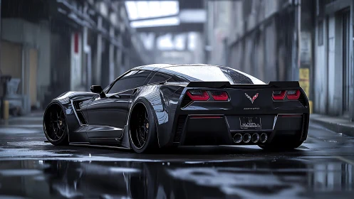 Sleek black sports car waits in the rain with bold confidence