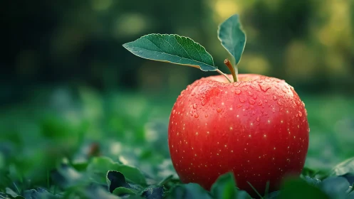 Red apple with water droplets rests on green ground cover