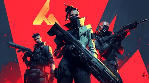 Masked tactical squad in neon red cyberpunk battlefield.