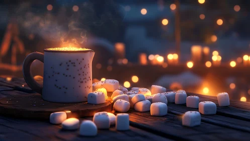 Midnight campfire cocoa crowned with wandering marshmallows.