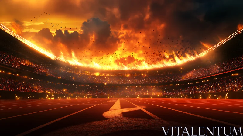 Flaming stadium skyline crowns empty track at sunset.
