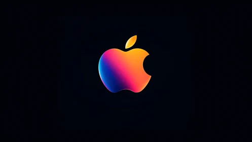 Iridescent gradient apple emblem floats on deep black field