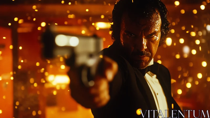 Man in tuxedo aims handgun amid bright orange sparks