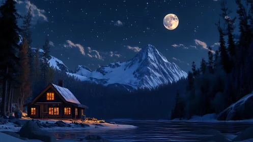 Cozy lakeside cabin glowing beneath a peaceful winter moon.