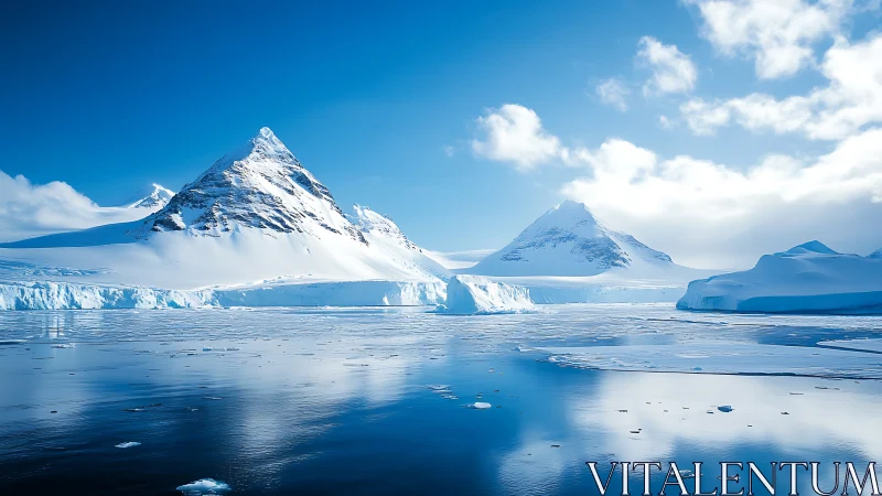 Snow-covered peaks rise above calm polar seawater surface