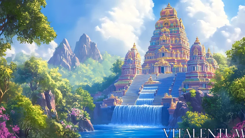 Tiered temple complex with waterfalls in forested valley.