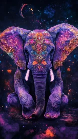 Celestial violet elephant meditates in a jeweled cosmic night