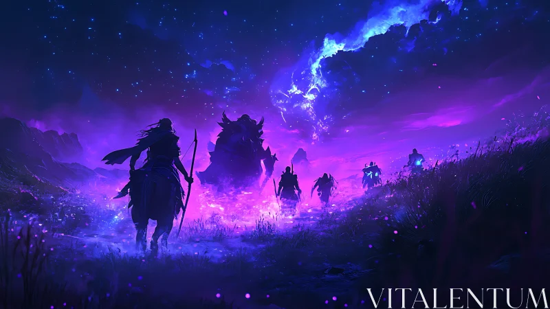 Silhouetted riders advance through luminous violet terrain
