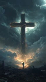 Lone wanderer beneath a blazing cross of stormlight.