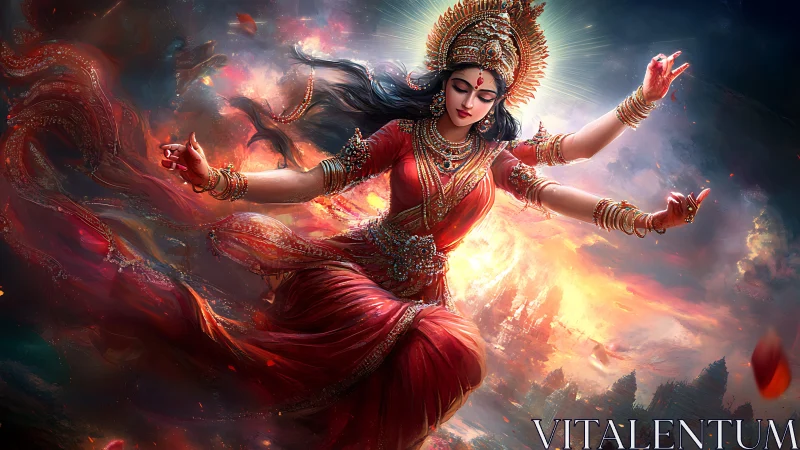 Divine dancer in fiery celestial storm, radiant in red robes.