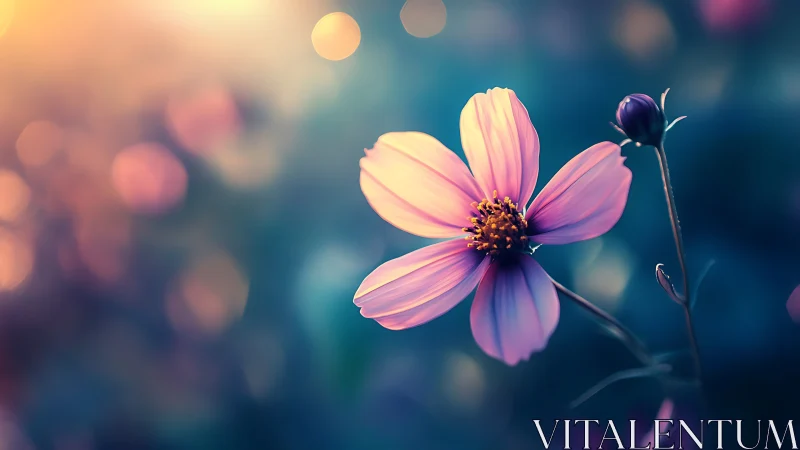 Cosmos flower specimen with luminous petals under bokeh-diffused golden hour lighting