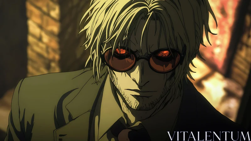 Brooding anime man with red glasses in shadowed alley.