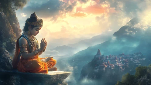 Meditating deity above misty mountain temple kingdom at dawn.