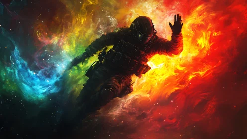 Tactical astronaut drifting between RGB nebular plasma fields
