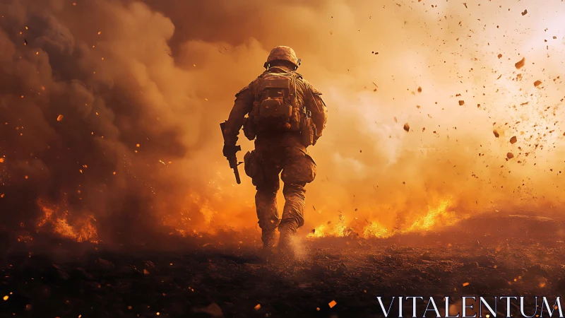 Lone soldier strides through burning storm of fire and ash.
