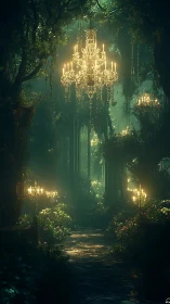 Enchanted Forest Hall with Glowing Crystal Chandeliers