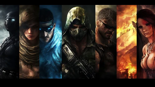 Post-apocalyptic warriors stand amid fire and shadows.